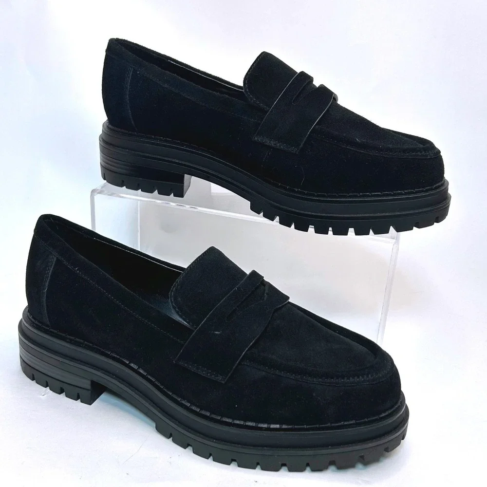 New‎ Calvin Klein Black Suede Lug Sole Penny Loafers Womens 7M Chunky Shoes